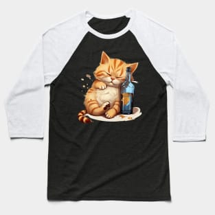 Drunk Cat Snoozing: Cartoon Cute Orange & Blue Drawing Baseball T-Shirt